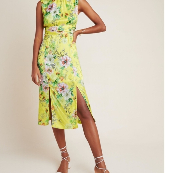 Anthropologie Sparrow Silky Floral Yellow Slit Hems Midi Sz. 12 Dress NWT - Picture 1 of 13